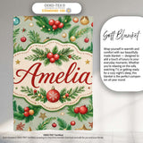 Watercolor Christmas Wreath Baubles Pine Branches Festive Seamless  Personalised Custom Name Super Soft Fleece Blanket Bed Sofa Throw