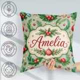 Custom Name Watercolor Christmas Wreath Baubles Branches Festive Square Filled Cushion Throw Pillow Sofa Bed Home Decor Zip Washable UK Made