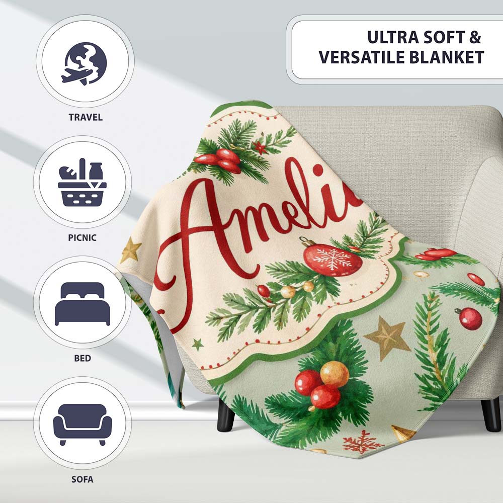 Watercolor Christmas Wreath Baubles Pine Branches Festive Seamless  Personalised Custom Name Super Soft Fleece Blanket Bed Sofa Throw