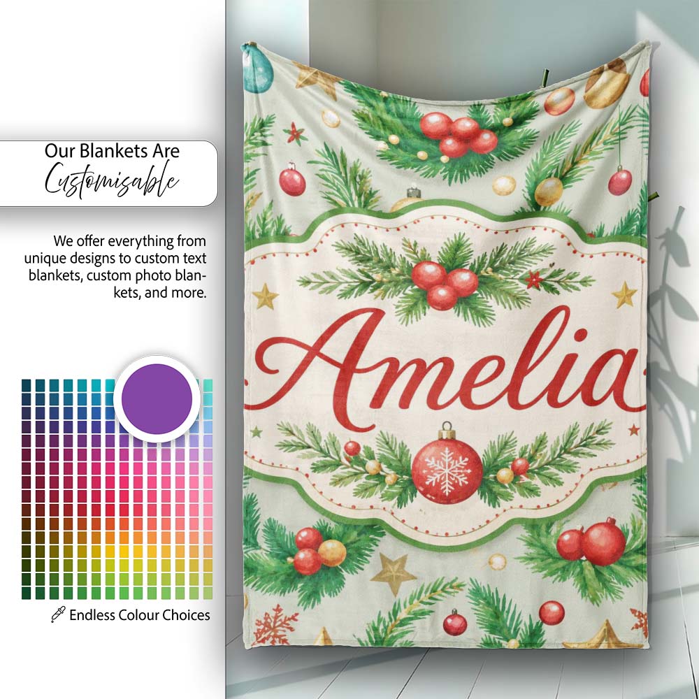 Watercolor Christmas Wreath Baubles Pine Branches Festive Seamless  Personalised Custom Name Super Soft Fleece Blanket Bed Sofa Throw