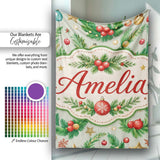 Watercolor Christmas Wreath Baubles Pine Branches Festive Seamless  Personalised Custom Name Super Soft Fleece Blanket Bed Sofa Throw