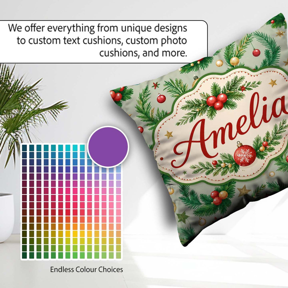 Custom Name Watercolor Christmas Wreath Baubles Branches Festive Square Filled Cushion Throw Pillow Sofa Bed Home Decor Zip Washable UK Made