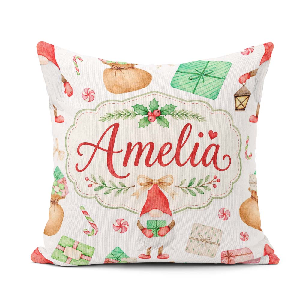Custom Name Christmas Gnome Holding Candy Cane Presents Seamless Square Filled Cushion Throw Pillow Sofa Bed Home Decor Zip Washable UK Made