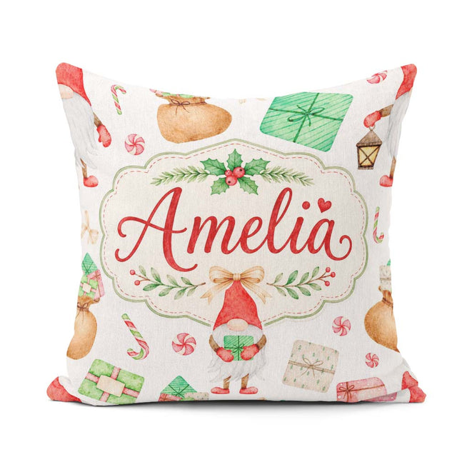 Custom Name Christmas Gnome Holding Candy Cane Presents Seamless Square Filled Cushion Throw Pillow Sofa Bed Home Decor Zip Washable UK Made