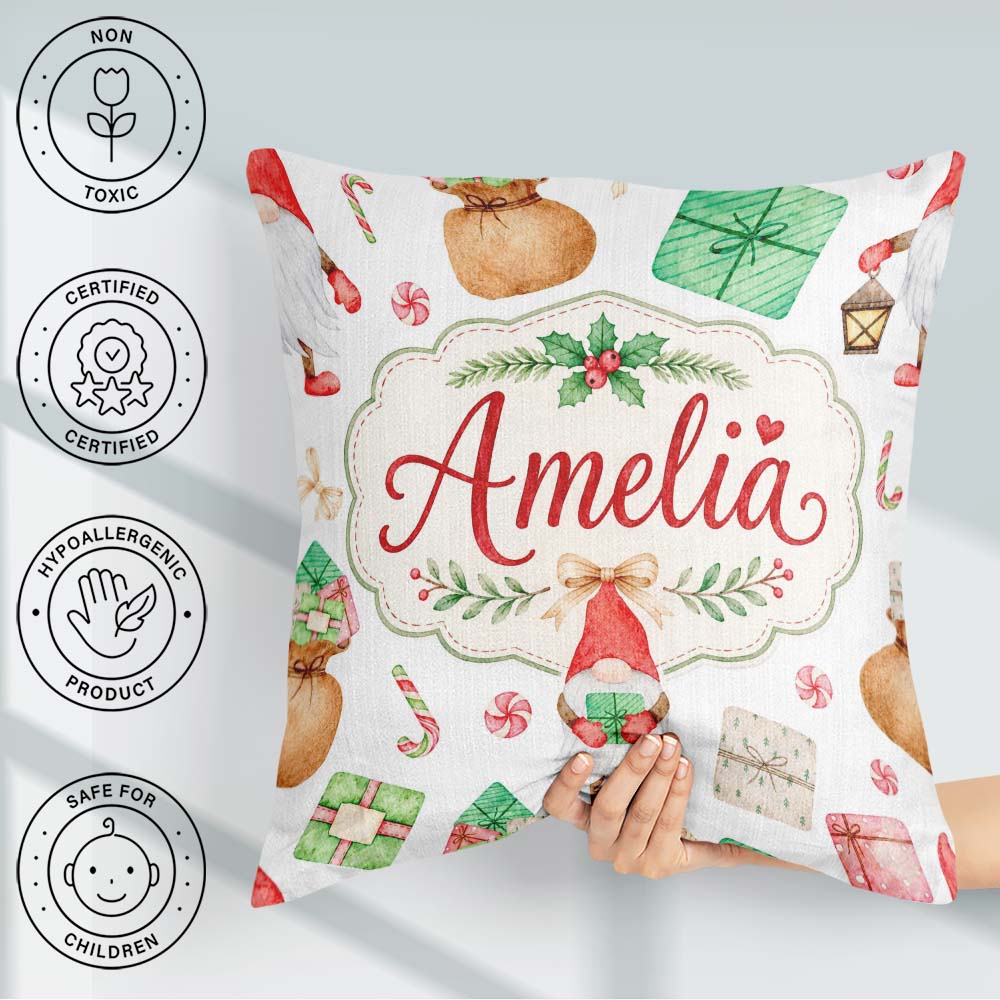 Custom Name Christmas Gnome Holding Candy Cane Presents Seamless Square Filled Cushion Throw Pillow Sofa Bed Home Decor Zip Washable UK Made