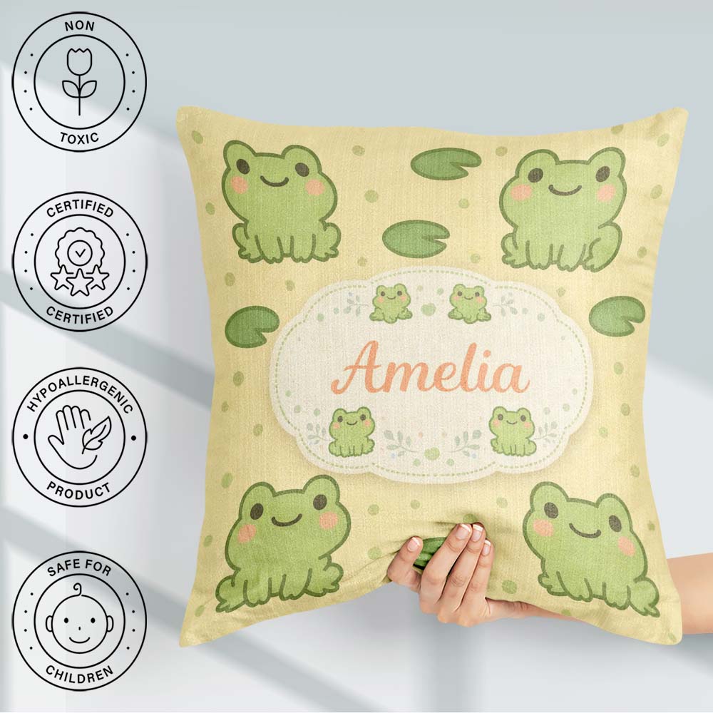 Custom Name Cute Frog Lily Pad Cartoon Animal Pattern Gift Idea Square Filled Cushion Throw Pillow Sofa Bed Home Decor Zip Washable UK Made