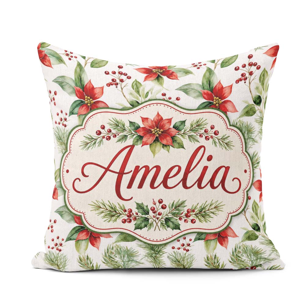 Custom Name Watercolor Flowers Holly Leave Red Berries Seamless Square Filled Cushion Throw Pillow Sofa Bed Home Decor Zip Washable UK Made