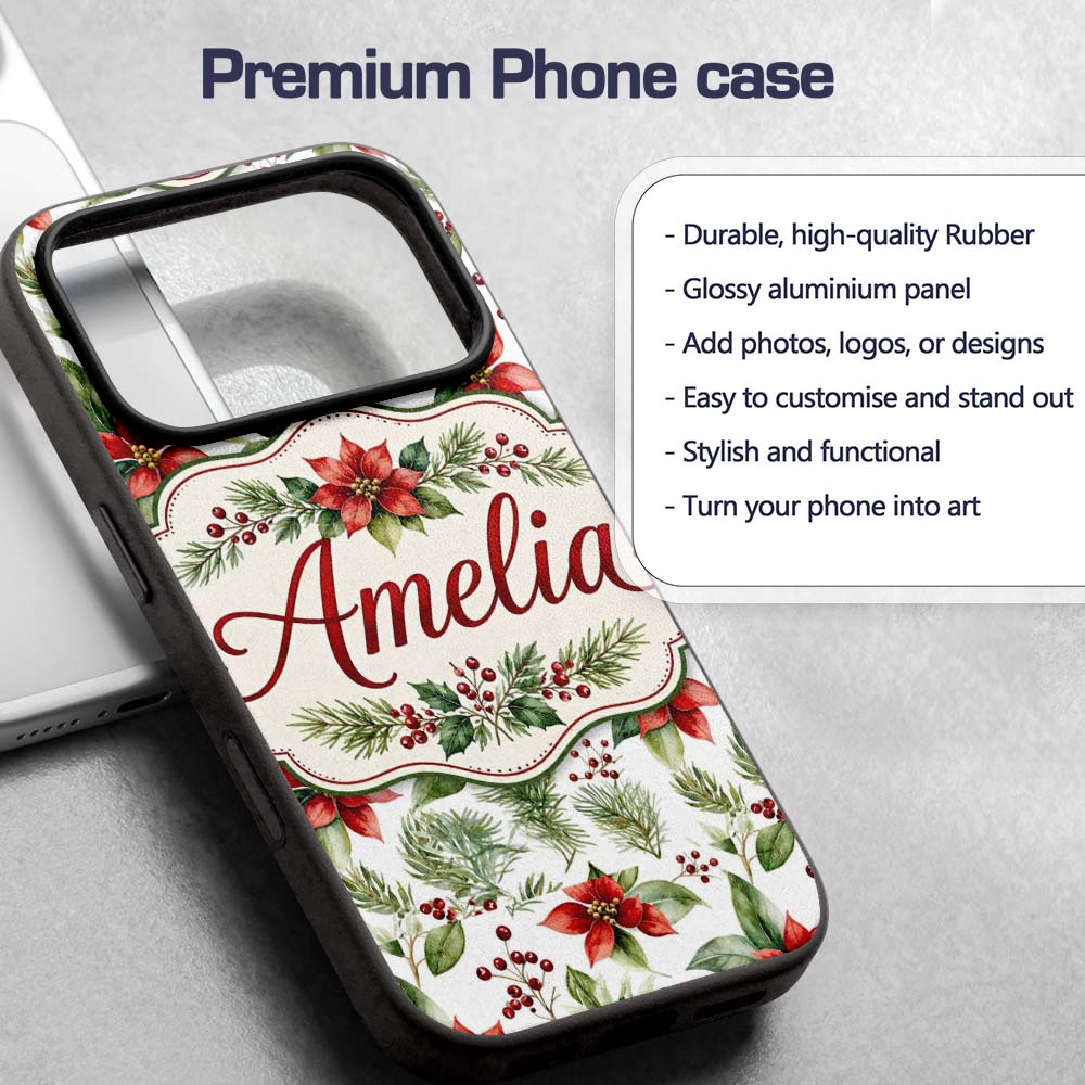 Watercolor Poinsettia Flowers Holly Leave Red Custom Name Protective Phone Case Mobile Cover Durable Everyday Smartphone Shock Resistant