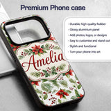 Watercolor Poinsettia Flowers Holly Leave Red Custom Name Protective Phone Case Mobile Cover Durable Everyday Smartphone Shock Resistant
