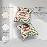 Custom Name Watercolor Flowers Holly Leave Red Berries Seamless Square Filled Cushion Throw Pillow Sofa Bed Home Decor Zip Washable UK Made