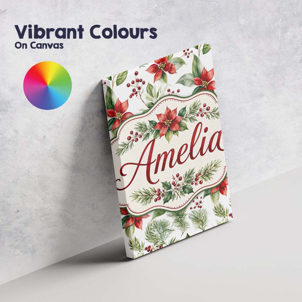 Personalised Name Watercolor Poinsettia Custom  Modern Room Accent Elegant Feature Canvas Wall Art Print Decor Picture Ready to Hang