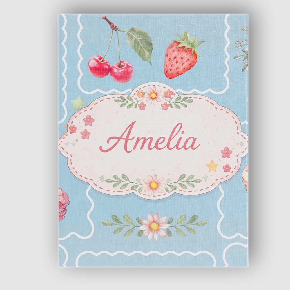 Personalised Name Strawberry Cherry Bow Seamless Pattern Blue Frame Custom Canvas Wall Art Print Decor Picture Ready to Hang