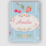 Personalised Name Strawberry Cherry Bow Seamless Pattern Blue Frame Custom Canvas Wall Art Print Decor Picture Ready to Hang