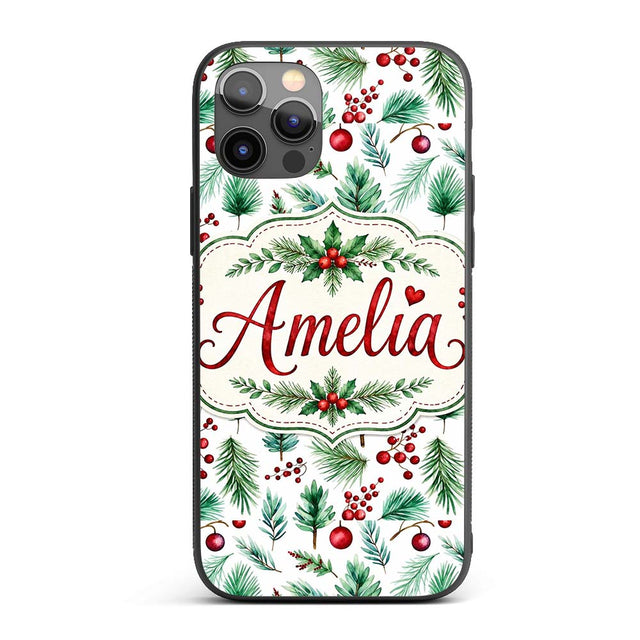Watercolor Pine Branches Red Berries Christmas Custom Name Protective Phone Case Mobile Cover Durable Everyday Smartphone Shock Resistant