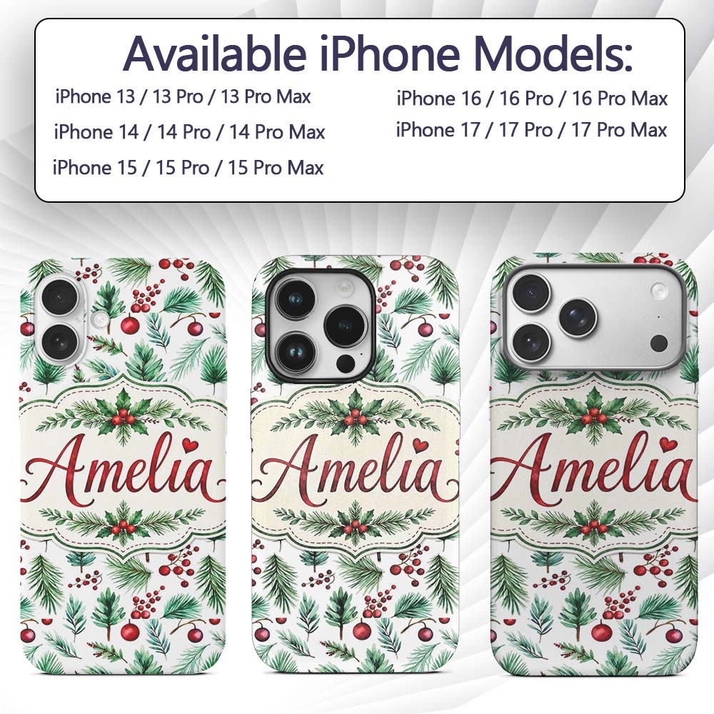 Watercolor Pine Branches Red Berries Christmas Custom Name Protective Phone Case Mobile Cover Durable Everyday Smartphone Shock Resistant