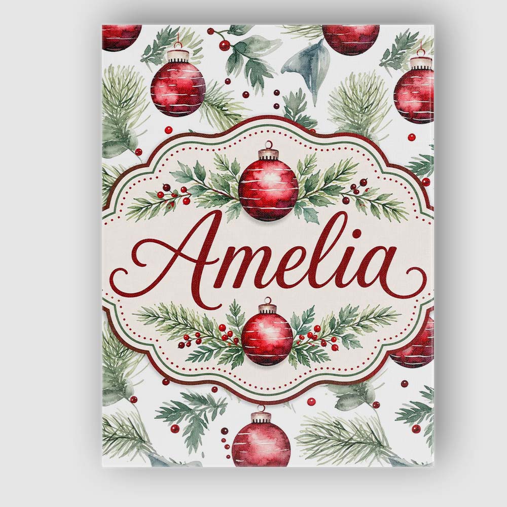Personalised Name Watercolor Red Baubles Custom  Unique Gift Idea Elegant Feature Canvas Wall Art Print Decor Picture Ready to Hang