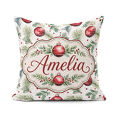 Custom Name Watercolor Red Baubles Pine Branches Festive Holiday Square Filled Cushion Throw Pillow Sofa Bed Home Decor Zip Washable UK Made