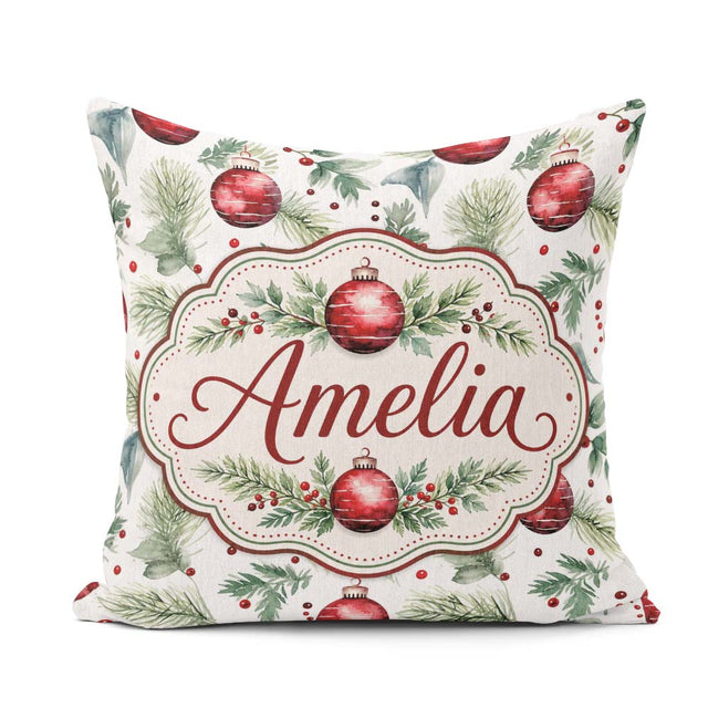Custom Name Watercolor Red Baubles Pine Branches Festive Holiday Square Filled Cushion Throw Pillow Sofa Bed Home Decor Zip Washable UK Made