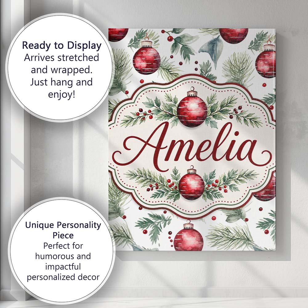 Personalised Name Watercolor Red Baubles Custom  Unique Gift Idea Elegant Feature Canvas Wall Art Print Decor Picture Ready to Hang