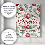 Personalised Name Watercolor Red Baubles Custom  Unique Gift Idea Elegant Feature Canvas Wall Art Print Decor Picture Ready to Hang