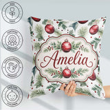 Custom Name Watercolor Red Baubles Pine Branches Festive Holiday Square Filled Cushion Throw Pillow Sofa Bed Home Decor Zip Washable UK Made