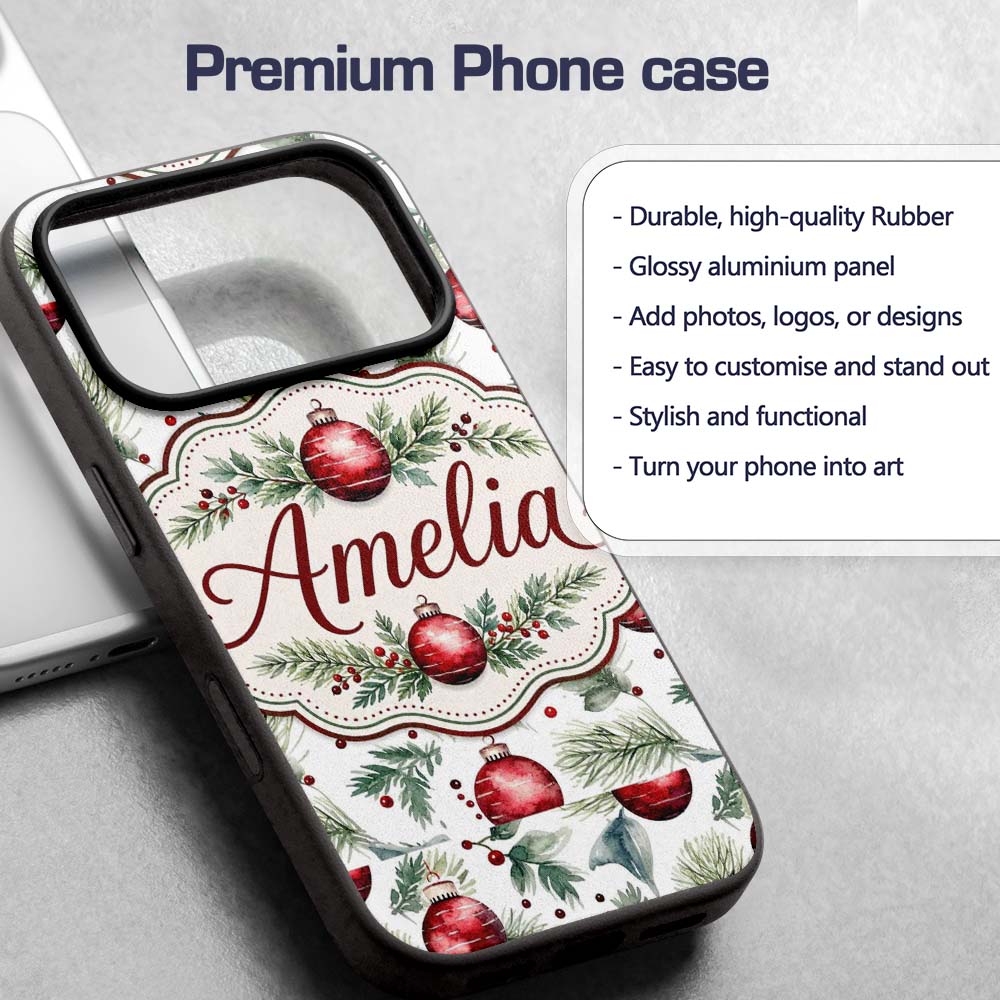 Watercolor Red Baubles Pine Branches Festive Custom Name Protective Phone Case Mobile Cover Durable Everyday Smartphone Shock Resistant