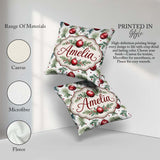 Custom Name Watercolor Red Baubles Pine Branches Festive Holiday Square Filled Cushion Throw Pillow Sofa Bed Home Decor Zip Washable UK Made