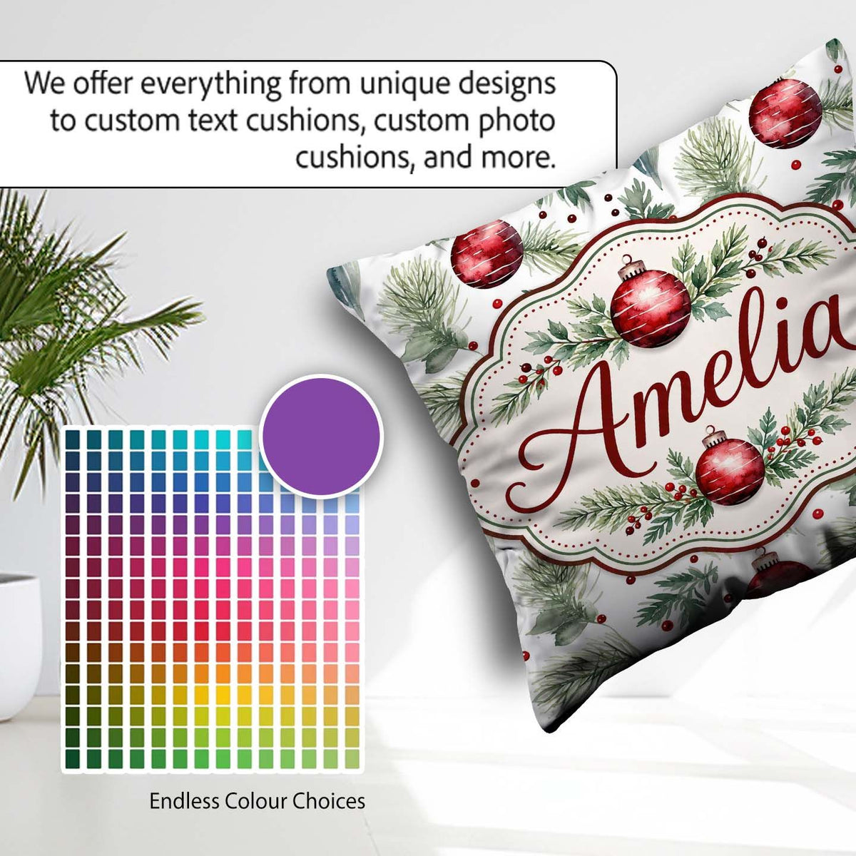 Custom Name Watercolor Red Baubles Pine Branches Festive Holiday Square Filled Cushion Throw Pillow Sofa Bed Home Decor Zip Washable UK Made