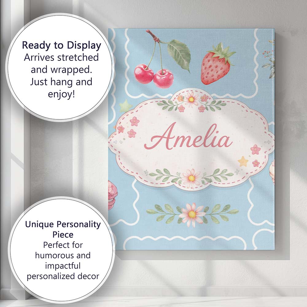 Personalised Name Strawberry Cherry Bow Seamless Pattern Blue Frame Custom Canvas Wall Art Print Decor Picture Ready to Hang