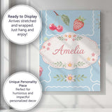 Personalised Name Strawberry Cherry Bow Seamless Pattern Blue Frame Custom Canvas Wall Art Print Decor Picture Ready to Hang