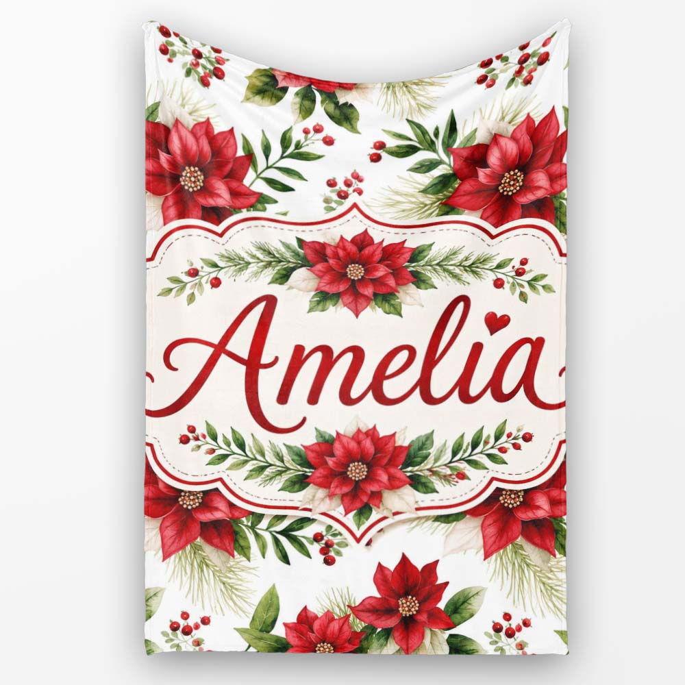 Elegant Poinsettia Flowers Green Leaves Festive Seamless Pattern  Personalised Custom Name Super Soft Fleece Blanket Bed Sofa Throw