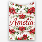 Elegant Poinsettia Flowers Green Leaves Festive Seamless Pattern  Personalised Custom Name Super Soft Fleece Blanket Bed Sofa Throw