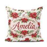 Custom Name Elegant Poinsettia Flowers Festive Seamless Pattern Square Filled Cushion Throw Pillow Sofa Bed Home Decor Zip Washable UK Made