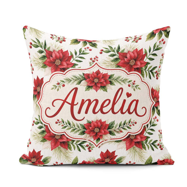 Custom Name Elegant Poinsettia Flowers Festive Seamless Pattern Square Filled Cushion Throw Pillow Sofa Bed Home Decor Zip Washable UK Made