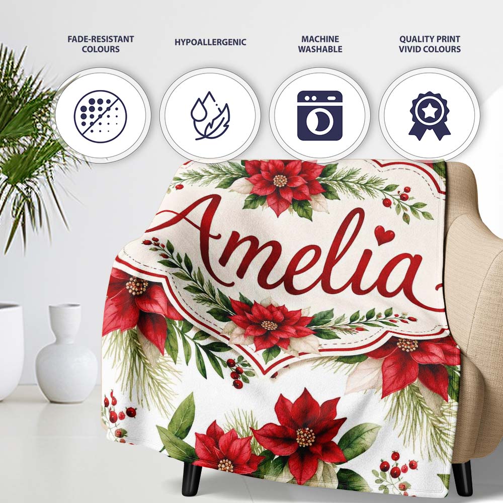 Elegant Poinsettia Flowers Green Leaves Festive Seamless Pattern  Personalised Custom Name Super Soft Fleece Blanket Bed Sofa Throw