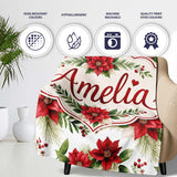 Elegant Poinsettia Flowers Green Leaves Festive Seamless Pattern  Personalised Custom Name Super Soft Fleece Blanket Bed Sofa Throw