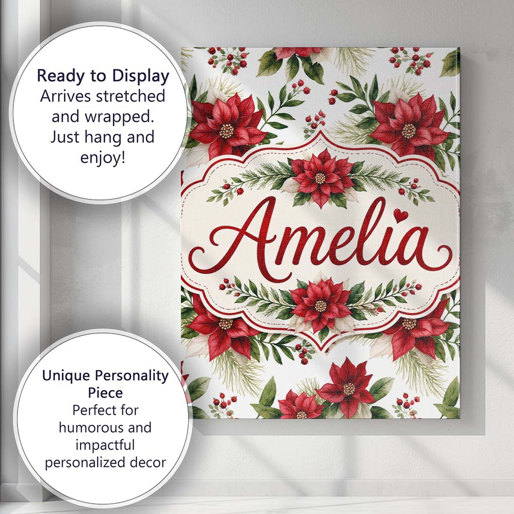 Personalised Name Elegant Poinsettia Custom Premium Decorative Design Modern Room Accent Canvas Wall Art Print Decor Picture Ready to Hang