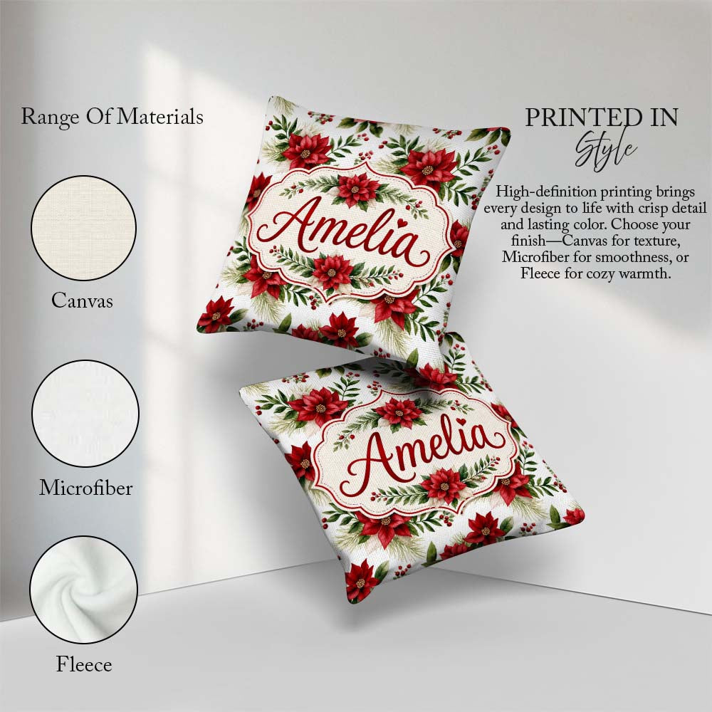 Custom Name Elegant Poinsettia Flowers Festive Seamless Pattern Square Filled Cushion Throw Pillow Sofa Bed Home Decor Zip Washable UK Made