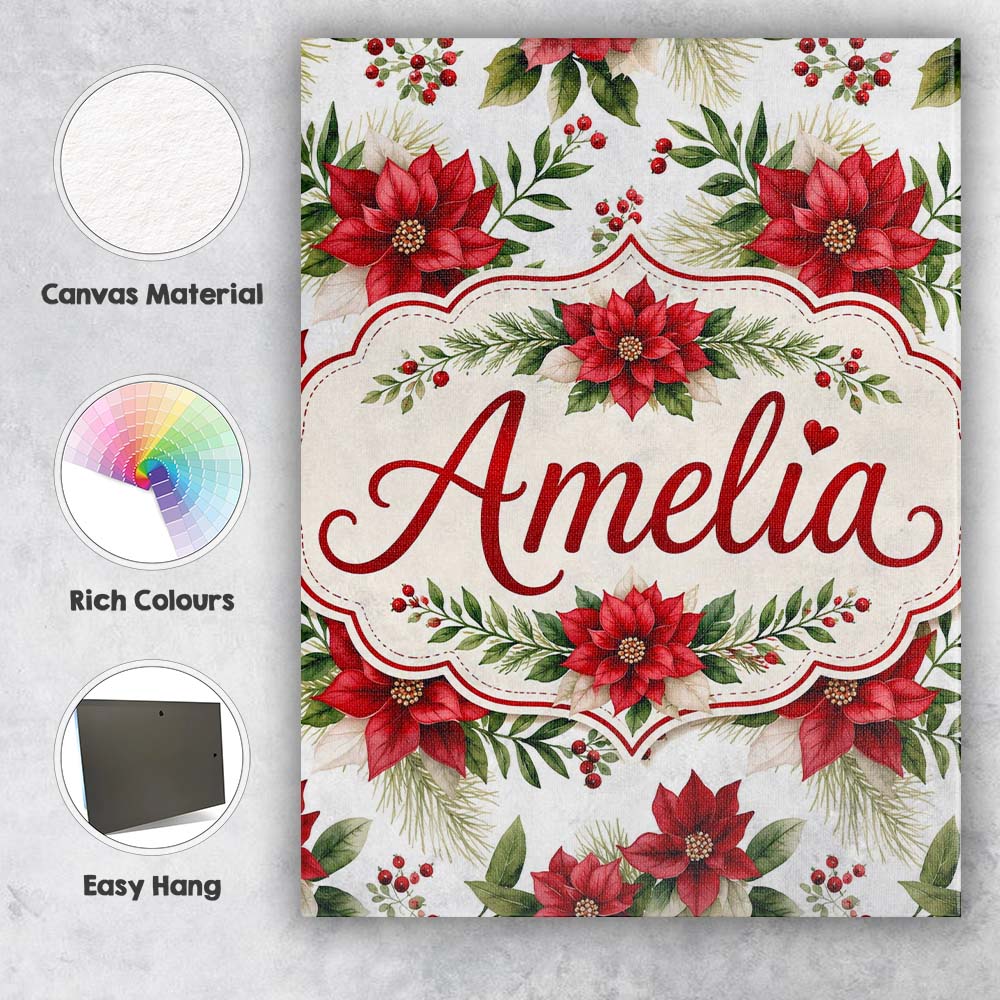 Personalised Name Elegant Poinsettia Custom Premium Decorative Design Modern Room Accent Canvas Wall Art Print Decor Picture Ready to Hang
