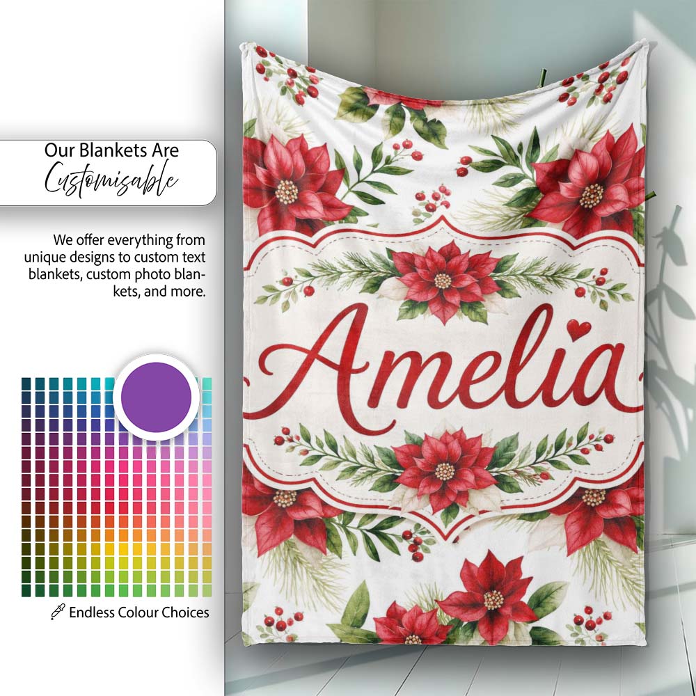 Elegant Poinsettia Flowers Green Leaves Festive Seamless Pattern  Personalised Custom Name Super Soft Fleece Blanket Bed Sofa Throw