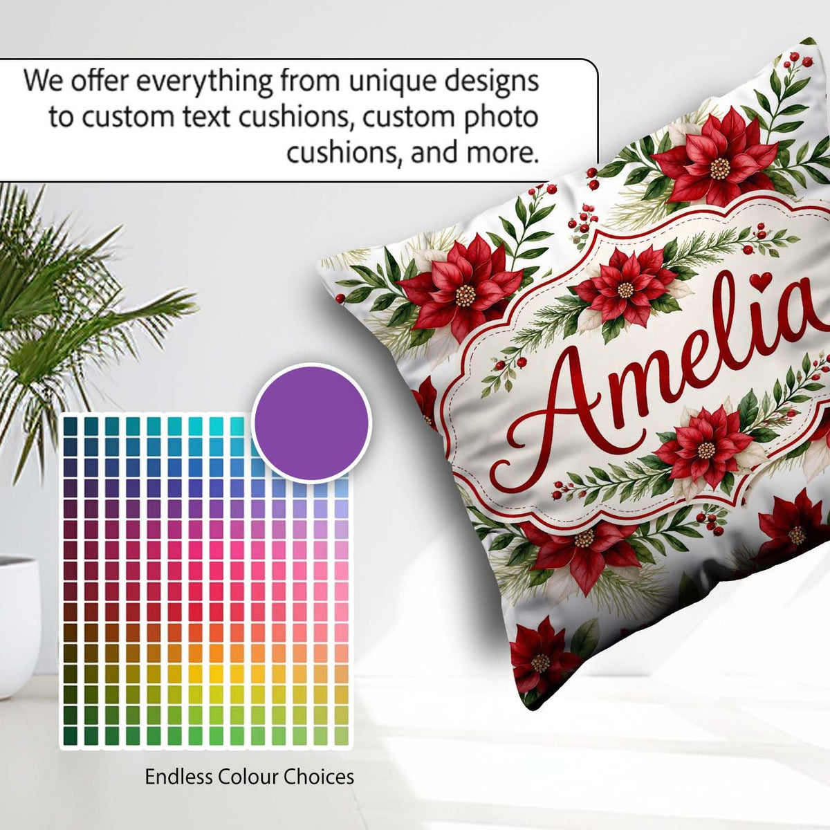 Custom Name Elegant Poinsettia Flowers Festive Seamless Pattern Square Filled Cushion Throw Pillow Sofa Bed Home Decor Zip Washable UK Made