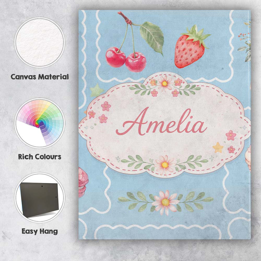 Personalised Name Strawberry Cherry Bow Seamless Pattern Blue Frame Custom Canvas Wall Art Print Decor Picture Ready to Hang