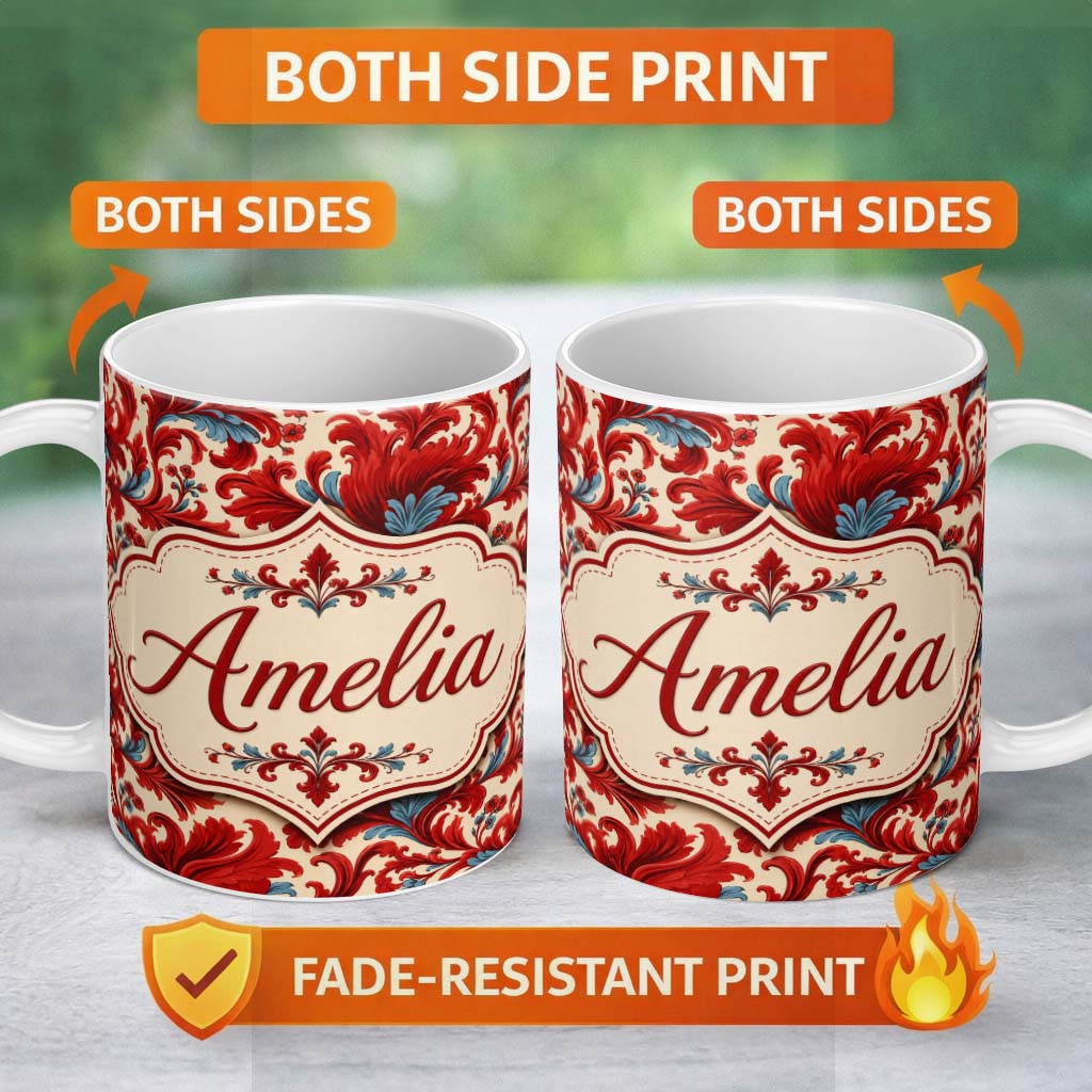 Personalized Custom Name Classic Red Blue Damask Ornamental Scroll Seamless Pattern Lovely 11oz Ceramic Coffee Tea Mug White Large Handle