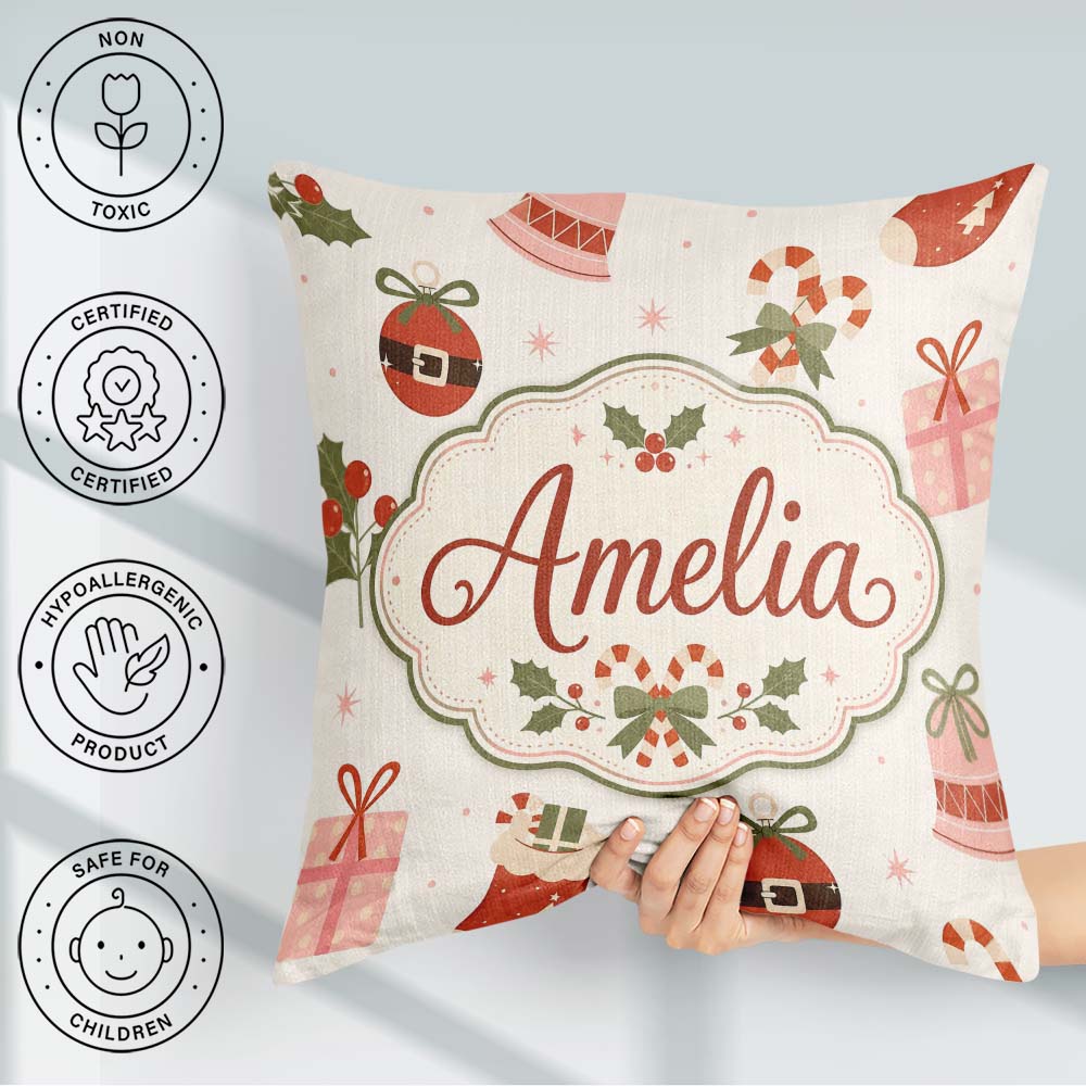 Custom Name Christmas Stocking Candy Cane Bells Festive Seamless Square Filled Cushion Throw Pillow Sofa Bed Home Decor Zip Washable UK Made