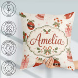 Custom Name Christmas Stocking Candy Cane Bells Festive Seamless Square Filled Cushion Throw Pillow Sofa Bed Home Decor Zip Washable UK Made