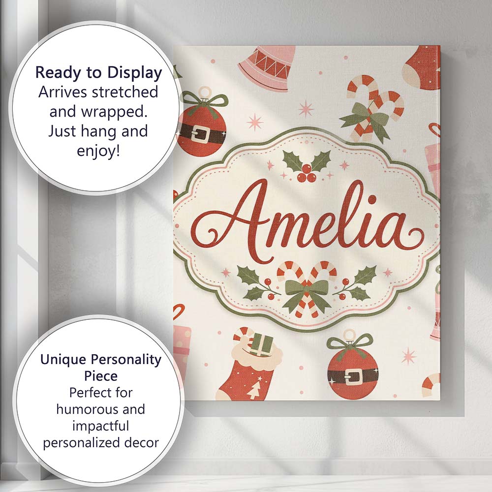Personalised Name Cute Christmas Stocking Custom  Unique Gift Idea Elegant Feature Canvas Wall Art Print Decor Picture Ready to Hang