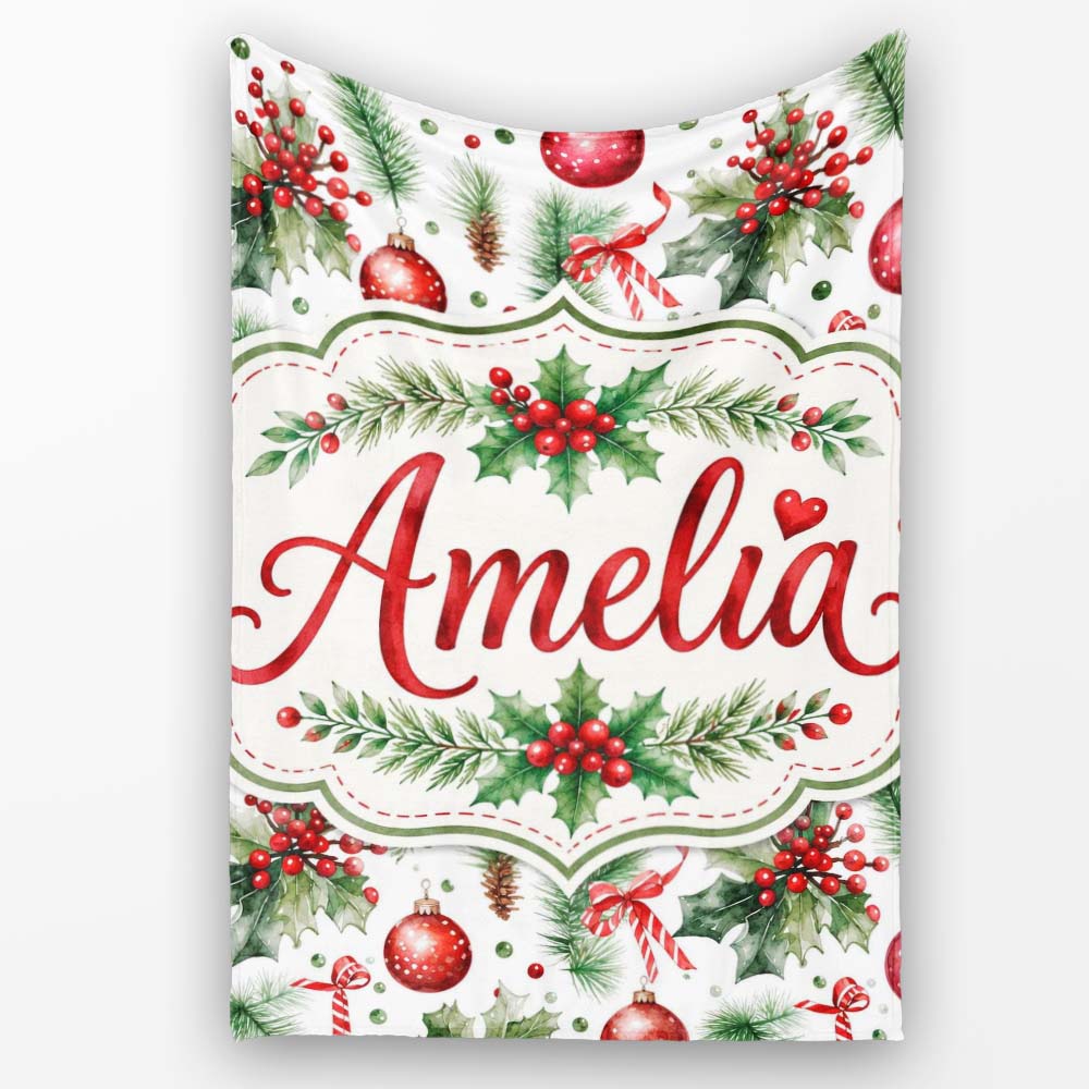 Watercolor Holly Leaves Red Berries Baubles Festive Seamless Pattern  Personalised Custom Name Super Soft Fleece Blanket Bed Sofa Throw
