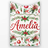 Watercolor Holly Leaves Red Berries Baubles Festive Seamless Pattern  Personalised Custom Name Super Soft Fleece Blanket Bed Sofa Throw