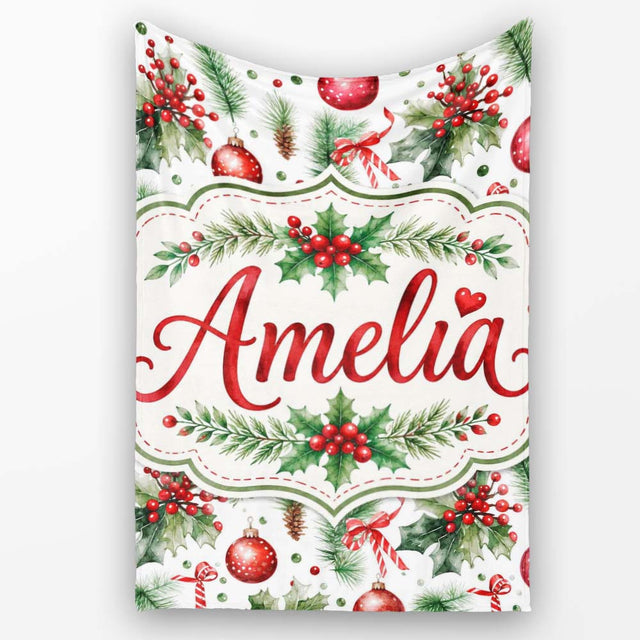 Watercolor Holly Leaves Red Berries Baubles Festive Seamless Pattern  Personalised Custom Name Super Soft Fleece Blanket Bed Sofa Throw
