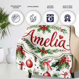 Watercolor Holly Leaves Red Berries Baubles Festive Seamless Pattern  Personalised Custom Name Super Soft Fleece Blanket Bed Sofa Throw